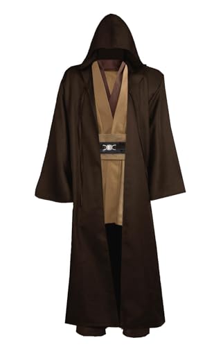 Gothden Disfraz de túnica Jedi con capucha, disfraz de caballero, disfraz completo de Halloween, cosplay, fiesta de máscaras, marrón, XL