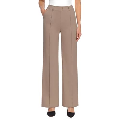 Womens Dress Work Pants Business Casual Office Pull on Trousers High Waist Wide Leg Stretchy Slacks with Pockets Coffee Small