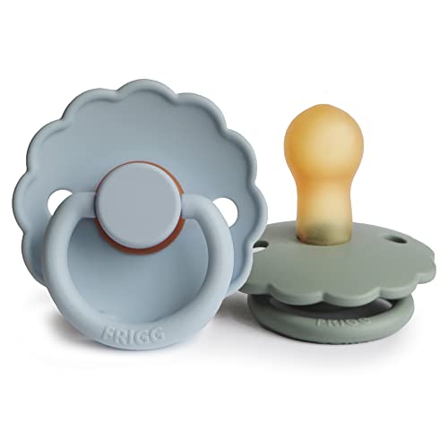 Image of FRIGG Daisy Natural Rubber Baby Pacifier | Made in Denmark | BPA-Free (Powder Blue/Sage, 0-6 Months) 2-Pack
