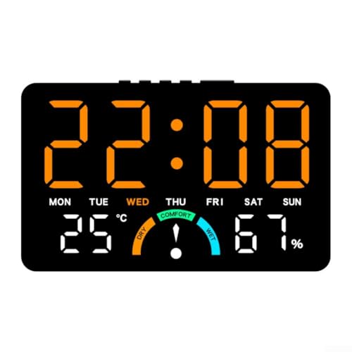 Large LED digital clock featuring time, humidity, temperature, date, alarm, and comfort level indicators, designed for wall hanging or flat setup (orange)