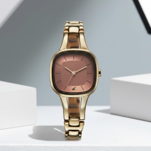 Image of Fastrack Chrome K Quartz Analog with Peach Dial Titanium Brass Solid Strap Watch for Women - 6147QM02