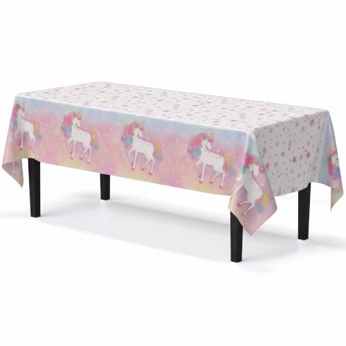 Image of Exquisite Enchanting Unicorn Table Cover 6 Pack 54 in. x 108 in. Rectangle Plastic Tablecloth Disposable Table Covers for Magical Rainbow Pastel Girls Birthday Party Supplies Decorations