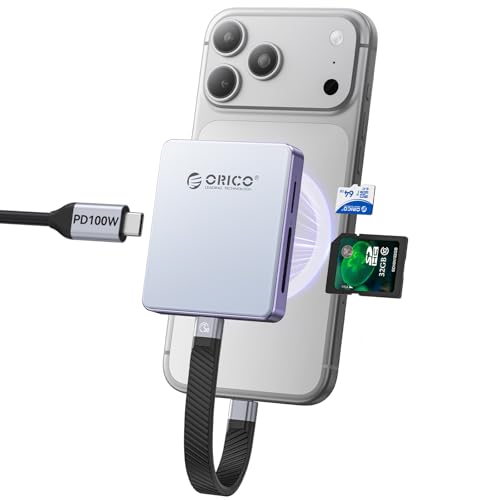 ORICO Lecteur de Cartes magnétique et boîtier SSD M.2 pour iPhone 15/16/17 Pro - 5 en 1 TF/SD 3.0 avec NVMe 2230/2242, USB 3.2 Gen2, PD 100 W - AP42F...