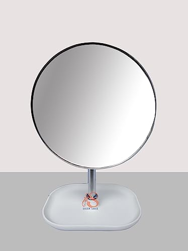 Image of Tabletop Removable Handle Makeup Unframed Rectangular Vanity Mirror Beauty Make up Cosmetic Stand for Shaving & Makeup Bedroom Bathroom (Plastic Base - Round)