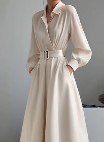 Women's Summer Apricot Plain Elegant Casual V-Neck Puff Long Sleeve Belt Flowy Party Maxi Dress with Pockets3