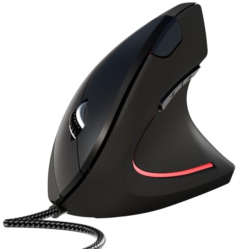 ROCK&ROWN Wired Ergonomic Mouse Vertical Mouse with Nylon-Braided Cable 6 Buttons 6400 Adjustable DPI Silent Mouse for PC Mac Laptop - Black