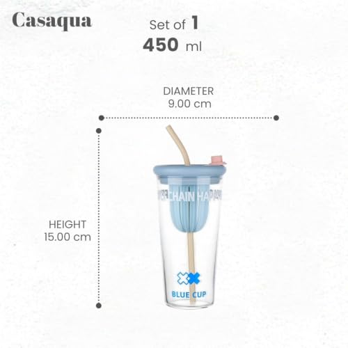 Image of Glass Tumbler with Straw & Silicone Lid - 450ml, Set of 1, Reusable Drinking Cup with Built-in Fruit Infuser, Leakproof Water Cup for Juice, Milk & Smoothies, Clear Glass Travel Mug