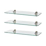 Harbour Housewares Rounded Floating Glass Bathroom Shelves - 40cm - Clear/Gold - 3x Wall-Mounted Kitchen Bedroom Shower Room Décor Caddy Towel Storage Organiser Shelving Rack with Brackets