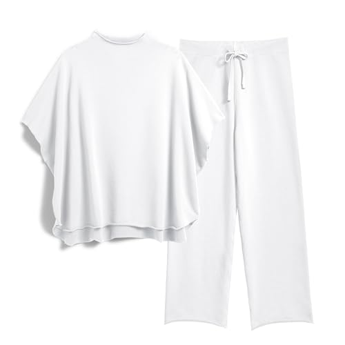 Image of SeeLuNa Women's Two Piece Outfits 3 /4 Batwing Sleeve Capelet Crew Neck Pullover Top Wide Leg Pants Lounge Set