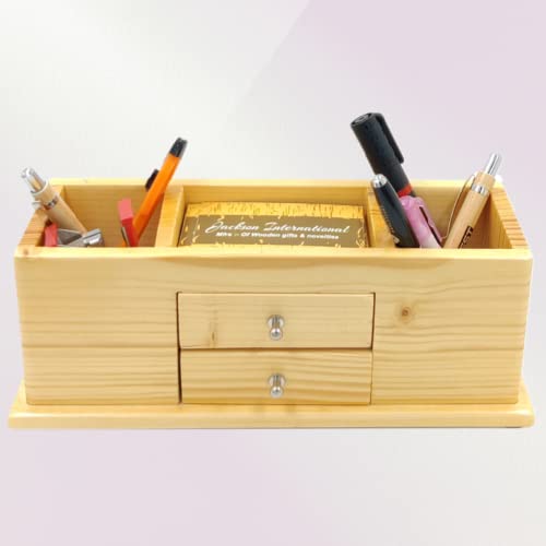 Image of WOOD HOUSE Wooden Double Pen Stand, Visiting Card Holder with Double Drawer for Office Table, School Table, Reception Desk, Wooden Pen Stand for Home Diwali, New Year Festival Gifts