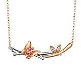 BCughia Collar de oro rosa, cadena rolo, collar de mariposa de 18 quilates y rama con diamante y turmalina para mujer