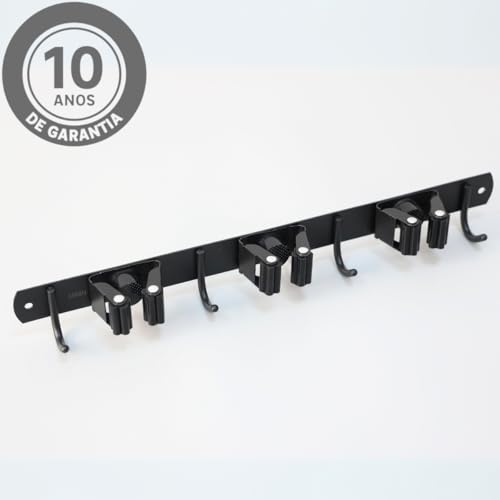 Suporte para Vassoura Porta Vassoureiro Organizador 7 Acessórios Inox Silicone (Preto)