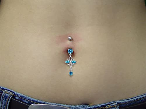 Light Blue Gemstone Fancy Cross Design Dangling 925 Sterling Silver With Stainless Steel Belly Button Navel Rings #TOP3