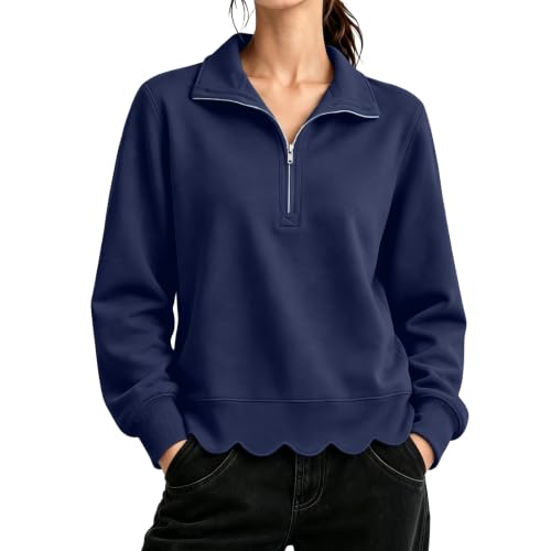 Quarter Zip Sweatshirt Women Scalloped Collared Casual Pullover Sweatshirt - image 2