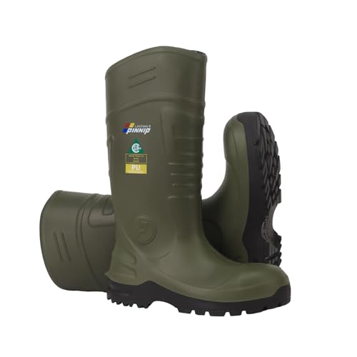 Image of Mens Steel-Toe Durable PU Rubber Work Boots - Waterproof Anti-Slip ASTM F2413-24 | Acid Oil Resistant Shank Mud Rain Hunting Boots