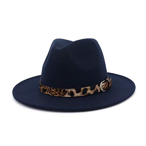 ZssmGood Chapeau de Fedora à Large Bord en Feutre de Laine Hommes Femmes Chapeaux de Laine feutrée en Cuir grainé léopard, Bleu Marine, 56-58cm Cover