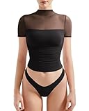 SUUKSESS Women Sexy Mesh Sheer Short Sleeve Crop Tops Double Lined Fitted Mock Turtle Neck Ruched Going Out Basic Boho Shirts (Black, M)