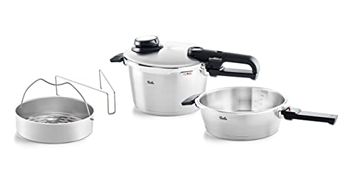 Fissler Vitavit Premium, Juego de ollas a presión, 4 piezas, olla a presión de 4,5 L y de 2,5 L, ambas con un diámetro de 22 cm, incluye tapa de metal, accesorio de cocción al vapor, inducción