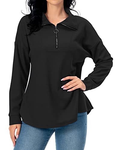 Image of Womens Trendy Casual Long Sleeve Collared Waffle Knit Tops Fall Winter Soft Lightweight Quarter Zip Pullover Sweaters