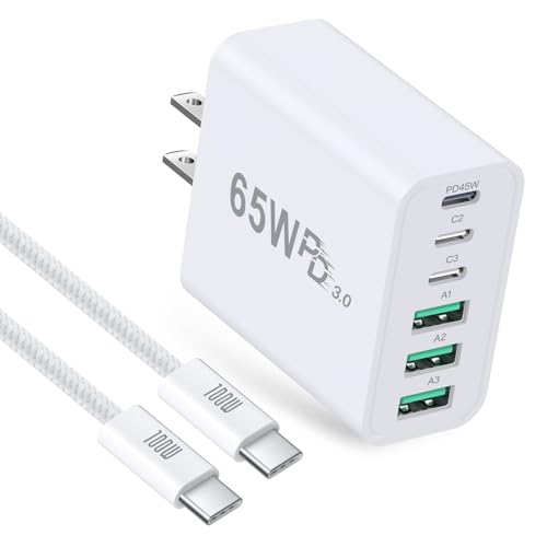 65W USB C Charger Block, Besgoods 45W Fast Charging Brick 6-Port GaN Power Adapter, with 6ft USC-C to C Cable 5A for iPhone 17 16 15 Pro Max MacBook Air iPad Galaxy S26 Ultra S25 Pixel - image 1