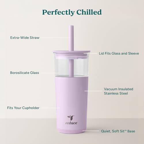 Image of REDUCE Aspen 20 oz Vacuum Insulated Glass Tumbler with Lid & Extra Wide Straw - Keeps Drinks Cold for 12 Hrs - Ideal for Iced Coffee, Smoothies & Boba - Dishwasher Safe, Soft Base - Lilac Bud