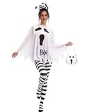 QUDLIMO 4 PCS Halloween Costume Set for Women Adult Ghost Costume, Ghost Poncho for Female, Candy Bag, Headband and Striped Tights, Unique Cute Halloween Costumes Woman 2025 for Party Cosplay