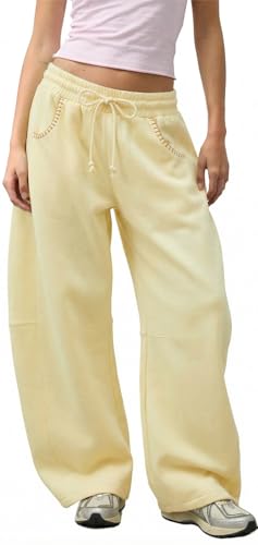 Waitfairy Barrel Sweatpants Women Baggy - 29 Inseam Drawstring Curved Wide Leg Sweatpants Women Lounge Gym Sweats Joggers Light Yellow L