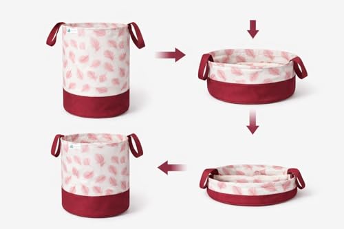 Image of UNICRAFT Leaf Design Laundry Bag 45L | Foldable Fabric Laundry Basket with Handles | Printed Storage Organizer for Clothes, Toys & Home Use (Maroon, Pack of 1)