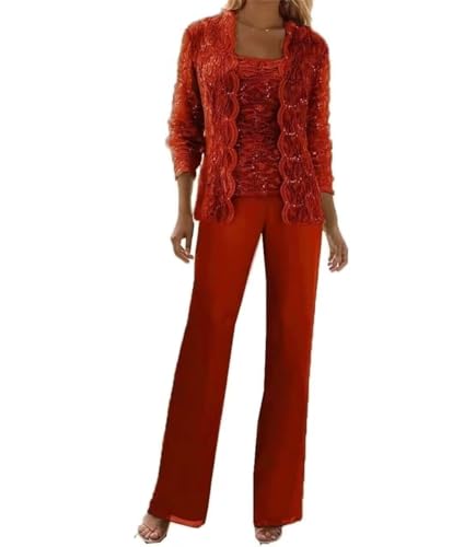 Image of 3 Pieces Chiffon Lace Mother of The Bride Pant Suits with Jackets Sequins Wedding Guest Dresses for Women