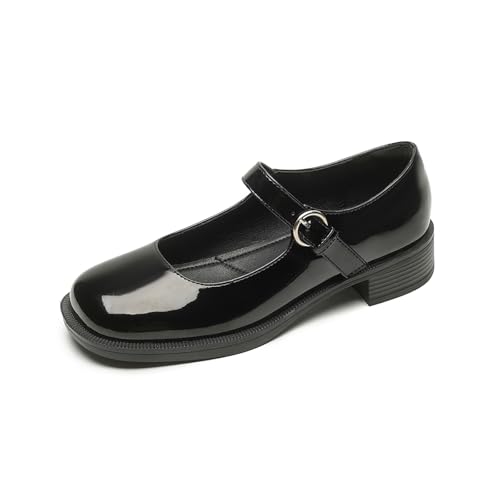 Women's Patent Leather Low Block Heel Mary Janes Fashion Round Toe Ankle Strap Chunky Heels Pumps Oxfords Comfort Office Party Dress Shoes