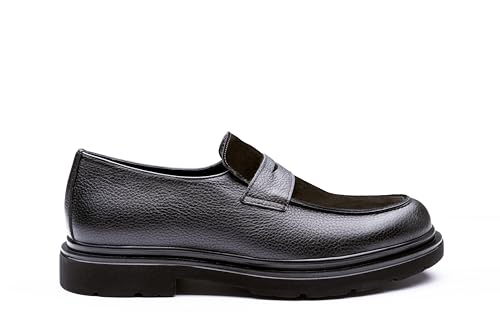 Image of Men's Leather Penny Loafers with Lug Sole - Slip-On Casual Dress Shoes, Full-Grain Leather & Suede Upper, Comfortable Rubber Sole