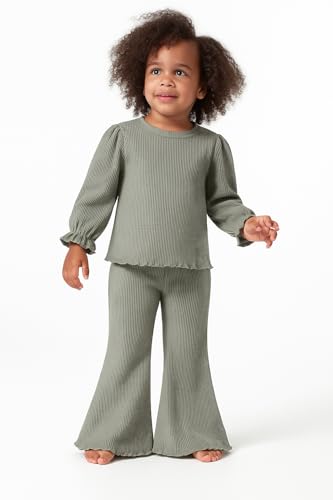 Baby Girl Fall Outfit Toddler Girl Winter Clothes Baby Lantern Sleeve Top and Flared Pant 2-Piece Waffle Clothing Set2