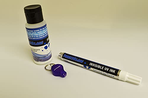 DirectGlow General Purpose Invisible Blue Blacklight Reactive Ink with UV Marker Pen and Keychain Blacklight for Glow Party Secret Message Escape Room Goodies Bag (2 Ounce Bottle Kit)