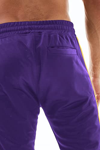 Bleecker And Mercer Mens Slim Fit Track Pants W/Side Stripes Zippered Joggers (P805- Purple/Yellow Side, L) #TOP6
