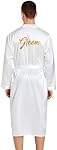 DQSSYTTX Groom Wedding Robe with Pocket Bronzing on The Back White Silk Bathrobe for Men Wedding Party Sleepwear Kimono Robe