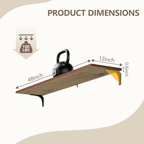 Image of 12 Inch Deep Floating Shelves Set of 4, 48 Inch Extra Wide Brown Solid Wood Wall Shelves, 4ft Heavy Duty Farmhouse Wall Mounted Shelving for Kitchen, Living Room & Bedroom