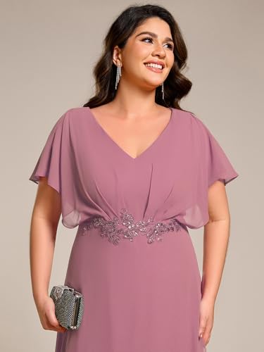 Image of Ever-Pretty Plus Women's V Neck Applique Plus Size Wedding Guest Dress Short Sleeves Maxi Formal Dresses