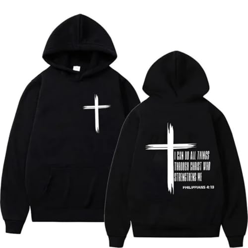 Image of GXJIXf I Can Do All Things Through Christ Hoodie, Cross Sweatshirt, Christian Hoodies, Fleece Lining, for Women & Men (Black,S)