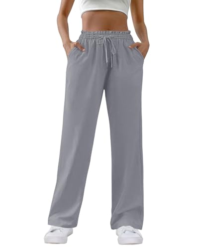 HMIYA Weite Hosen Damen 100% Baumwolle Lässig Gerade Stoffhose Leichte Hohe Taille Palazzo Hose mit Taschen,Grau,M