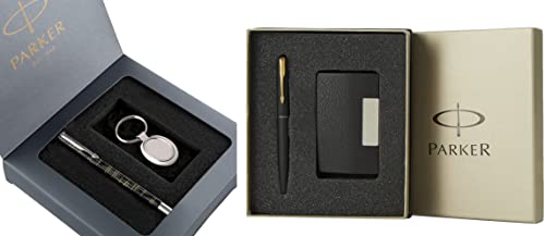 Image of Parker Vector Gift Set Spark Black Roller Ball Pen with Round Key Chain & Frontier Chrome Trim Fountain Pen with Free Card Holder
