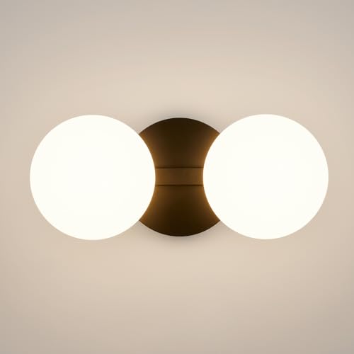 Image of Black Globe Wall Sconce,Vanities Lights with 2 Milk Glass Shades | 6 inch Modern Spherical Vanity Sconces,Contemporary Small Brass Ball Lights Fixture for Entryway Bedside Bathroom,E26 Base