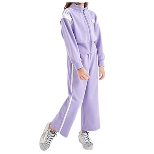 Tuta sportiva per ragazzi con cerniera e colletto alla coreana, set di pantaloni alla moda per bambini a maniche lunghe per ragazze con cappuccio, 02#_Viola, 12-13 Years