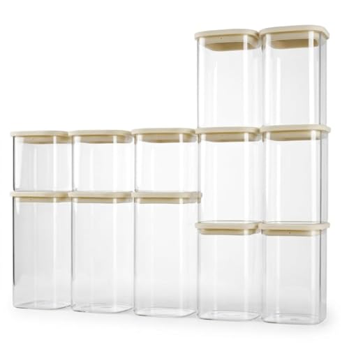 CozNido 12pcs Square Glass Pantry Storage Jars Set with Glass Lids 0.76Qt/1.22Qt/1.67Qt - Airtight Stackable Kitchen Canisters Sets | 24floz / 40floz / 53floz Glass Pantry Storage Containers