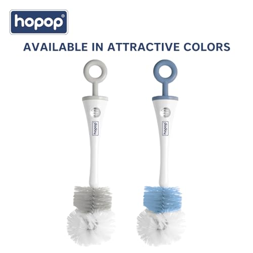 Image of Hopop Baby Feeding Bottle Cleaning Brush & Nipple Cleaner | 2 in 1 Flexible Bristle Bottle Brush| Grooved Handle with Easy Hanging Storage | Easy to Clean Narrow & Wide Neck Feeding Bottles |Grey