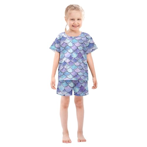 Vdsrup Mermaid Scales Summer Pajamas Set Short Cotton Purple Sleepwear 2 Piece Unisex 5Y2