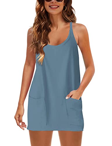 IQSQSQ Vestido feminino sem mangas atlético Hot Shot com shorts embutidos, Azul, cinza, PP