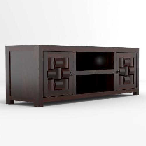 Image of Solid Sheesham Wood Entertainment TV Unit with 2 Door | Rosewood Tv Stand /TV Cabinet for Living Room | Bedroom | Wooden TV Panel with Shelf Stoarge | TV Table