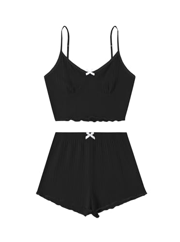 Image of Hilinker Women's 2 Piece Sexy Pajama Set Ribbed Cami Top and Shorts Sleepwear Cute Pjs Solid Black Medium