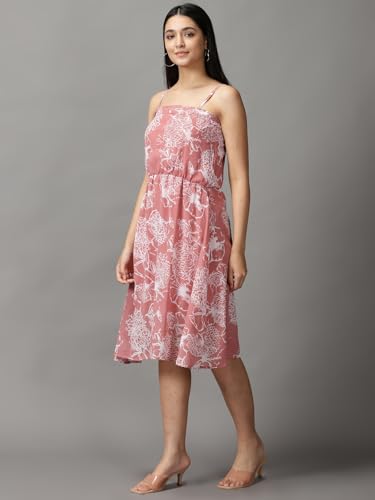 Image of SHOWOFFFF Women Floral Fit and Flare Casual Dress | Shoulder Straps Sleeveless Georgette Dress for Womens | Knee Length Dress for Women's
