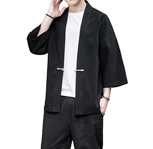 Image of Mens Kimono Cardigan Cotton Linen Japanese Shirt 3 /4 Sleeve Haori Yukata | Skin-Friendly Solid Color Lightweight Shawl Collar Kimono Robe Embroidery Button Tie Pockets Happi Coat All Season Daily Wear